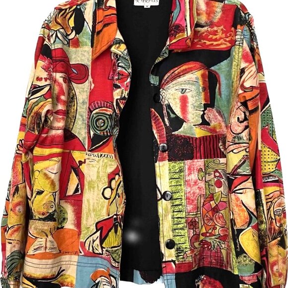 Picasso Cubism Modern Art VTG 80s Linen Jacket Kaktus Wearable Art Shacket Sz M - Picture 11 of 13